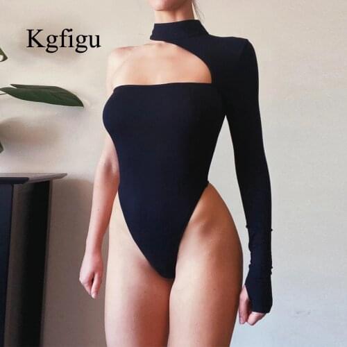 KGFIGU Long Sleeve Black O-Neck Jumpsuit Casual Summer One Shoulder Body Top Sexy Women 2020 Bodysuits Streetwear Cute Rompers