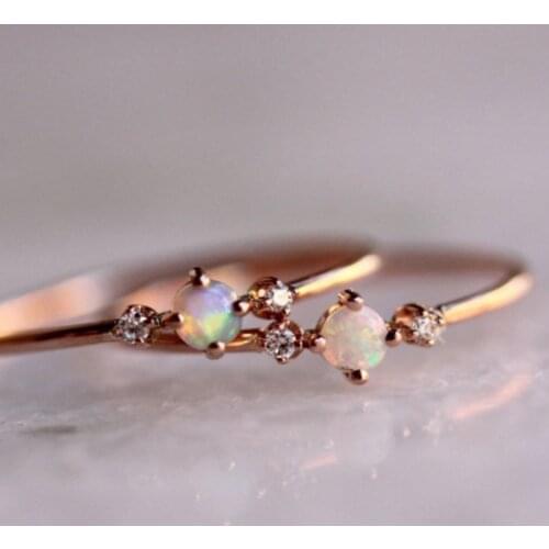 Womens Fashion Engagement Rose Gold Opal Rings Simple Style Finger Ring Crystal Stud Thin Hoops Hand Bands Ring Size 5 - 10