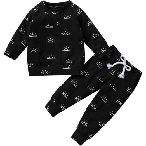 Two Piece Children Baby Girls Boys Casual Clothes Set Sun Printed Pattern Long Sleeve Pullover and Elastic Waist Pants 6M-4T