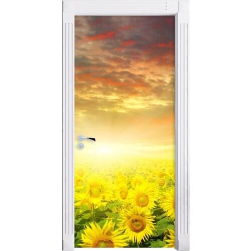 Creative Door Sticker Sunflowers Field For Living Room Bedroom PVC Self Adhesive Wallpaper Waterproof Renew Mural Decal