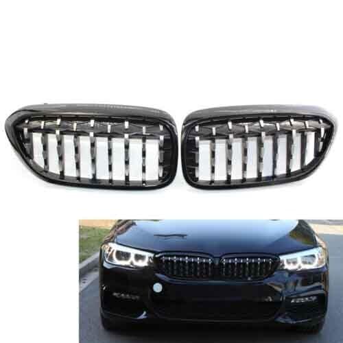 Left + Right Side Diamond Black Chrome Front Kindey Grille Grill For G30 G38 5-Series 535i 525i 550i 528i 520i 17-19 Sedan 4Door