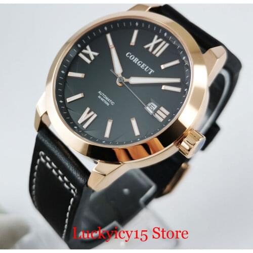 CORGEUT Brand Rose Gold 41mm Polished Self Winding Men Watch Date Function Sapphire Glass Leather Strap