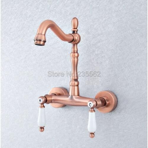 Antique Red Copper Brass Wall Mounted Bathroom Kitchen Sink Faucet Swivel Spout Mixer Tap Double Ceramic Handles Levers Lsf902