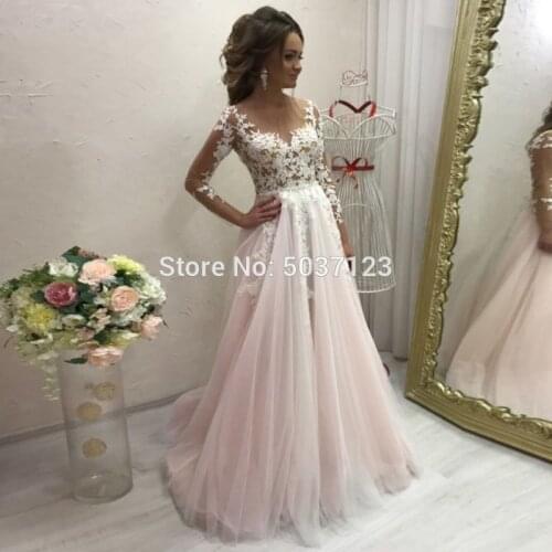 Charming Pink Tulle Wedding Dresses A Line Long Sleeves Bridal Gown Scoop Button Illusion Vestido De Noiva with Court Train