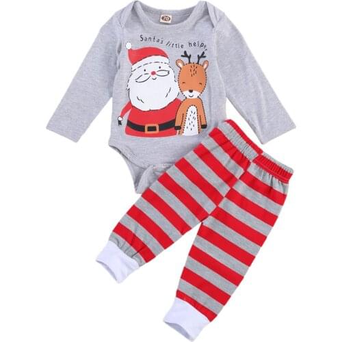 0-18M Autumn Baby Boy’s Clothes Cartoon Christmas Print Long Sleeve Jumpsuit and Stripe Elastic Long Pants 2PCS Outfit