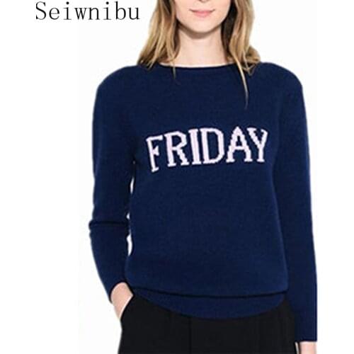 Seiwnibu 2018 New Hot Selling Autumn streetwear The Day Of The Week English Letter Print 7 colors Knitting Female Sweaters Tops