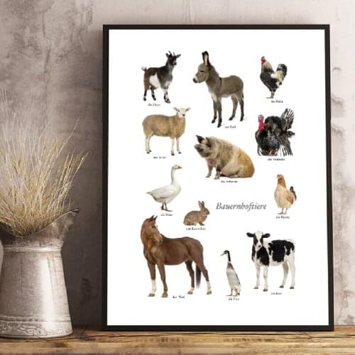 Farm Animal Educational German Prints Farmhouse Posters Wall Art Home Decor Modern Farm Animals Photo Pictures Canvas Painting