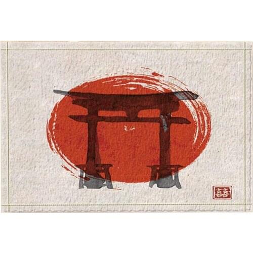 Traditional Japanese Decor Watercolor Torii Gates and Red Rising Sun Bath Rugs Non-Slip Doormat Door Mat Bathroom Accessories