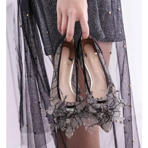 Woman Flats Ballet Ladies Shoes Sheepskin Wedding Lace Butterfly-knot Nude Black Pointed Toe Brand Dress Party Girl Spring 2019