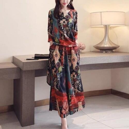 Women Suit Retro Ice Silk Printing Wide Leg Pants 2021 Spring Summer New Loose Crop Top Fashion Two Piece Set Plus Size Clothing
