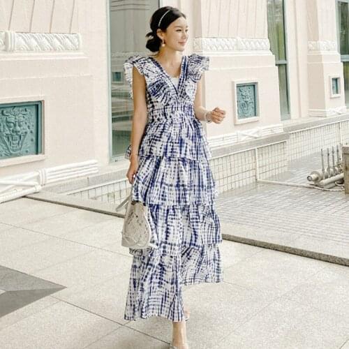 2021 Summer Beach Cascading Ruffles Holiday Dress Womens Sleeveless V Neck Ink Printing Lace Up Sexy Backless Party Vestidos