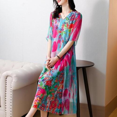 Summer Vintage 4XL Plus Size Chiffon Beach Dress 2021 Casual Print Mulberry Silk Midi Dress Women Elegant Bodycon Party Vestidos