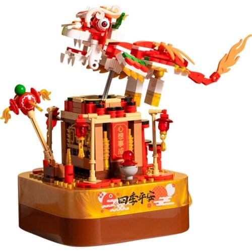 480PCS City Auspicious Lion Dance Building Blocks Music Musical Box Creativity Bricks Toys Children Chinese Custom Mascot
