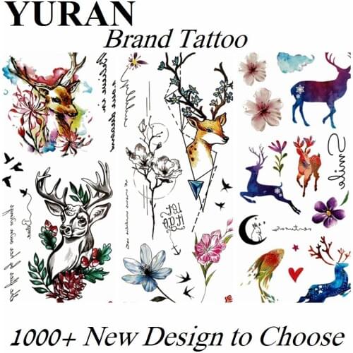 Watercolor Moose Deer Fake Temporary Tattoos Cute Sticker Body Art Arm Tattoo For Women Girls Kids Waterproof ELK Tatoos Paper