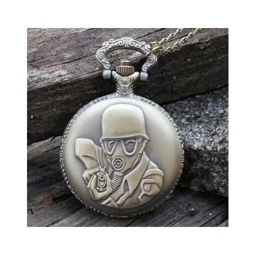 Antique bronze firefighters mask quartz pocket watches necklace women and Men Memorial watch 10pcs/lot