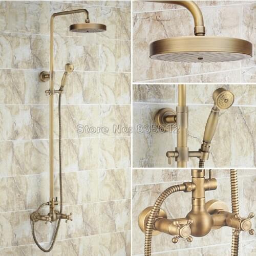 Antique Brass Bathroom Rain Shower Faucet Set with Handheld Shower Head / Wall Mounted Dual Handles Mixer Tap Wrs091
