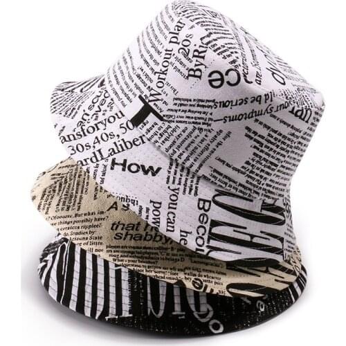 Fishermans Cap Mens And Womens Old Newspaper Pattern Printing Basin Hat Street Wide Brim Sun Hat Leisure
