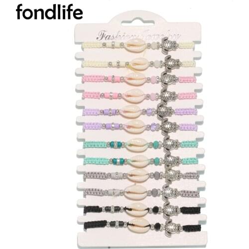 Boho Zinc Alloy Sea Turtle Cowrie Seashell Macrame Bracelet Polymer Clay Beads Crystal Rope Braided 12pcs Wholesale Jewelry Gift
