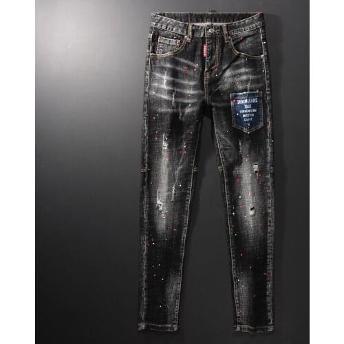 Newly Streetwear Fashion Men Jeans Retro Elastic Slim Ripped Jeans Men Patch Pocket Painted Designer Hip Hop Denim Pencil Pants