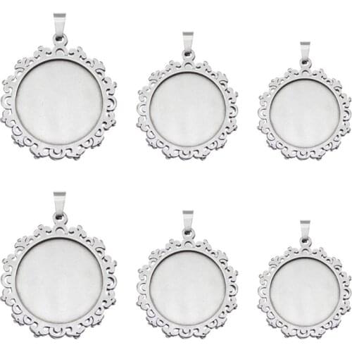 Julie Wang 1PCS 18/20/25mm Round Lace Cabochon Base Settings Charms Stainless Steel Tray Bezels Pendant Jewelry Making Accessory