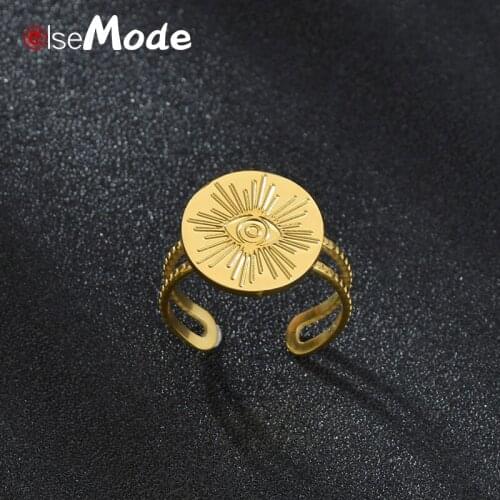ELSEMODE Vintage Eye Open Rings For Women Gold 14 K Stainless Steel Statement Charms Jewelry Femme Gifts