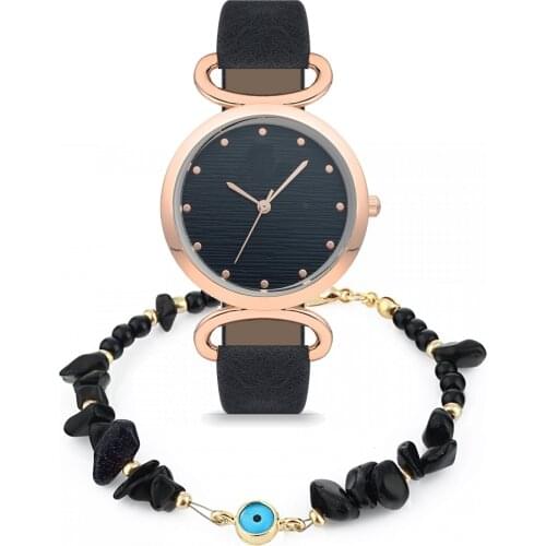 Forentina Siyah Bayan Kol Saati - Siyah Nazar Boncuk Bileklik Kombin PS1802