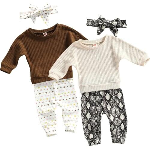 3Pcs Little Girls Outfit, Solid Color Batwing Long Sleeve Round Collar Tops + Heart/Snakeskin Printing Pants + Headwear