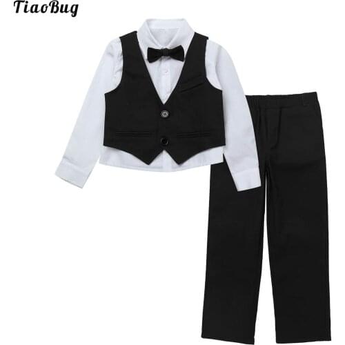 TiaoBug 4Pcs Kids Boys Suits Long Sleeve Shirt Sleeveless Single-Breasted Vest Pant With Bowknot Set For Wedding Birthday Party
