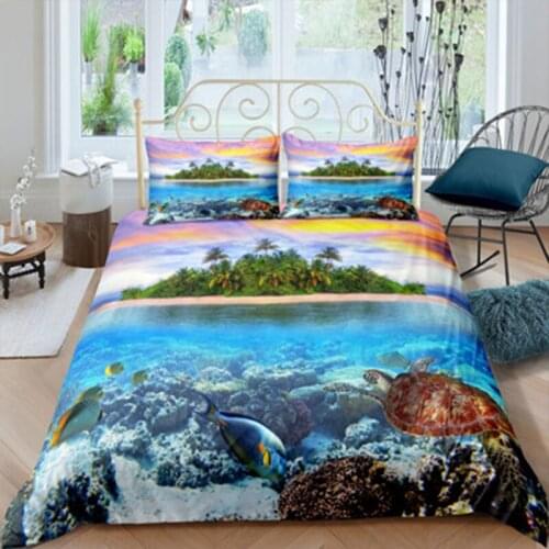 Fashionable Simple Style Beach and Sea Scenery Pattern Quilt Cover and Pillow Case Bedroom Bedding 3pc Home Textile Bedding Set