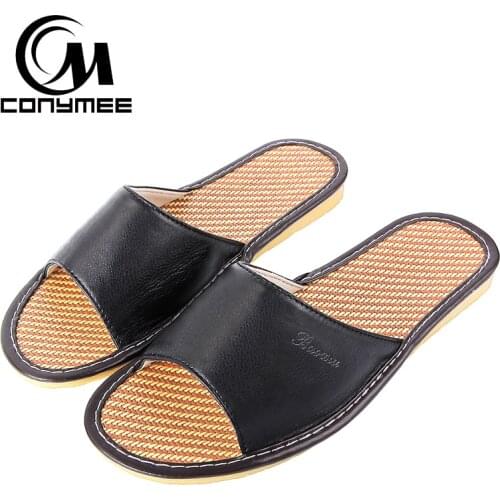 CONYMEE Summer Men Beach Shoes Leather Flip Flops Linen Sandals Mens Indoor Home Slippers Casual Sneakers 2018 Zapatos Hombre