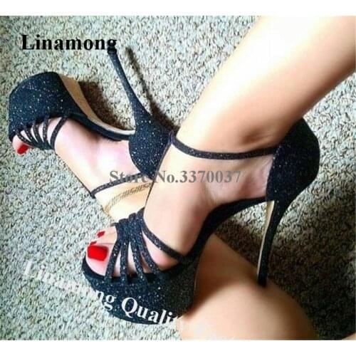 Linamong Bling Bling Glitters High Platform Stiletto Heel Sandals Black Sequined Thin Straps High Heel Sandals Wedding Shoes
