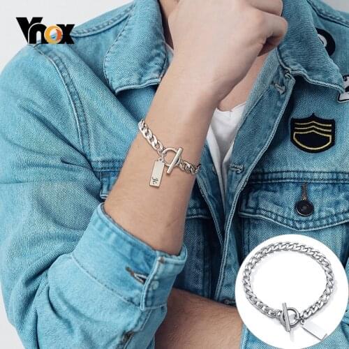 Vnox Personalize Engrave Stamp Cuban Chain Bracelets for Men Solid Metal Stainless Steel Toggle Clasp Custom Tag Male Jewelry