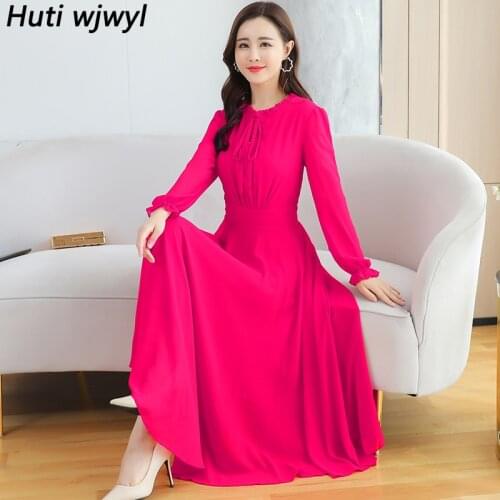 Autumn Winter Plus Size Chiffon Midi Dress Elegant Women Black Bodycon Party Vestidos 2021 Vintage Solid Long Sleeve Maxi Dress