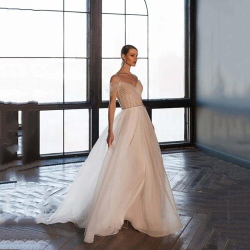 Eightree Cold Shoulder Wedding Dresses Sexy Beading Tulle V-neck A-Line Bridal Backless Evening Princess Ball Gowns Custom Size