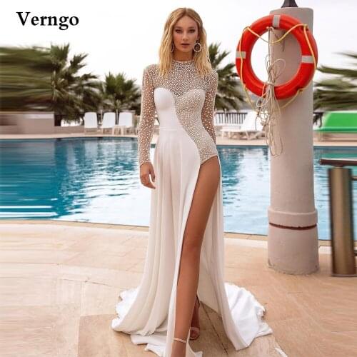 Verngo Modern A Line Polka Dots Wedding Dress Beach High Neck Long Sleeves Slit Bridal Gowns Sweep Train V Back Formal Dress