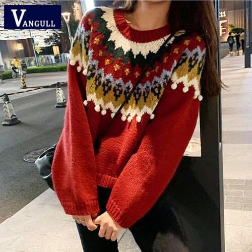 Vangull Christmas Jacquard Pullover round neck sweater women Autumn Winter Heavy industry Loose Casual Knitted Warm Thick Tops