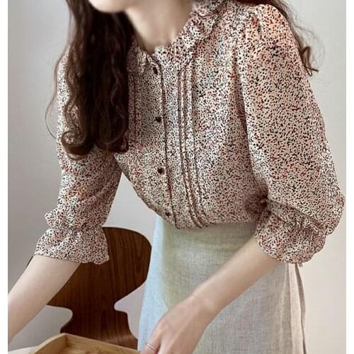 Flower Chiffon Shirt Womens 2021 Vetement Femme Korean Fashion Flare Sleeve Tops for Woman Dropshipping Button Up Blouses 0656
