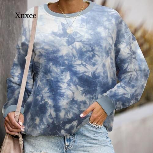 Blue Spring Womens Hoodies Multicolor Casual Long Sleeve Round Collar Sweatshirt Loose Printed Tops Tie dyeing Hoodie Oversize