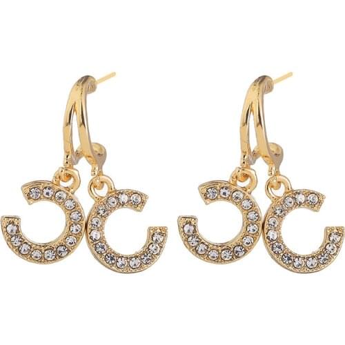 New Double C-Shape Pendant Stud Earrings for Women Crystal Dangle Earring Wedding Jewelry Statement