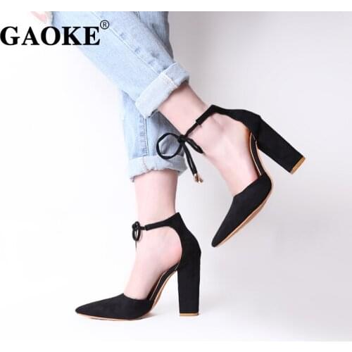 Woman High Heel Shoes Pointed Toe Pumps Lace Up Woman Shoes Thick Heel Party Shoes Spring Fashion Retro Sexy Woman Footwear