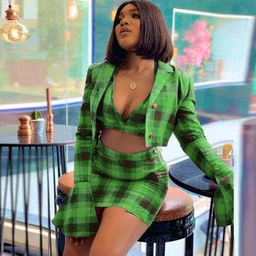Vintage Women Plaid Tracksuit Y2K Clothes Sexy Deep V Neck Crop Top+flare Sleeve Short Jacket+party Club Mini Skirt 3 Piece Set
