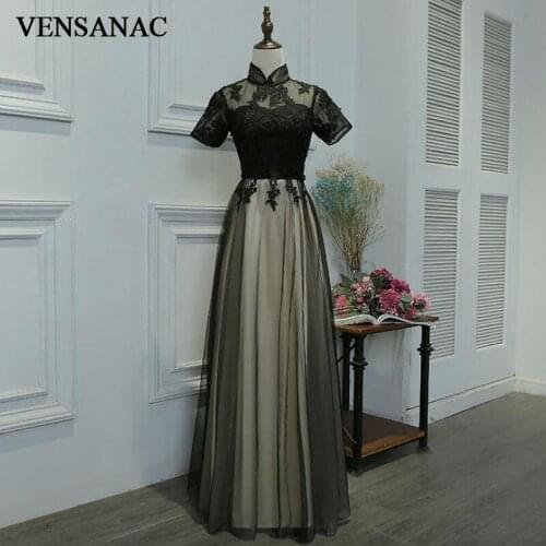VENSANAC 2017 New A Line Embroidery High Neck Long Evening Dresses Short Sleeve Elegant Draped Sash Lace Party Prom Gowns