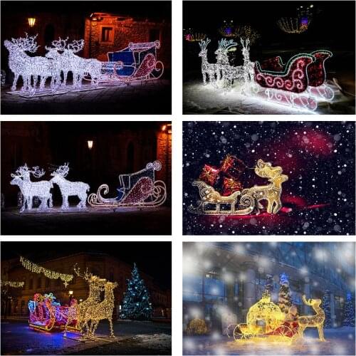 Winter Christmas Reindeer Backdrop Sleigh Xmas Night Background Decorations Bokeh Snow Happy New Year Photography Photo Studio