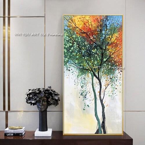 100% Handmade Wall Art Handpainted Modern Tall Colorful Tree Couple Nature Plant Abstract Orange Painting for Home Decorations