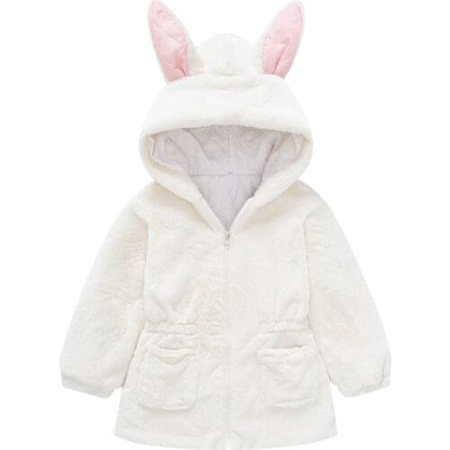 2 Colors Cute Rabbit Ear Plush Girls Coat Spring Autumn Warm Hooded Kids Jacket Fashion Long Baby Outerwear Toddler Girl Clothes