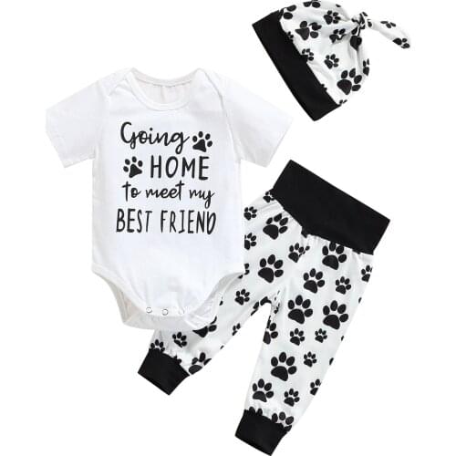 2021 0-18M Newborn Casual Boy Clothing Toddler Letter Dog Paw Print Short Sleeve Round Neck Romper+Color Block Pants+Hat 3pcs
