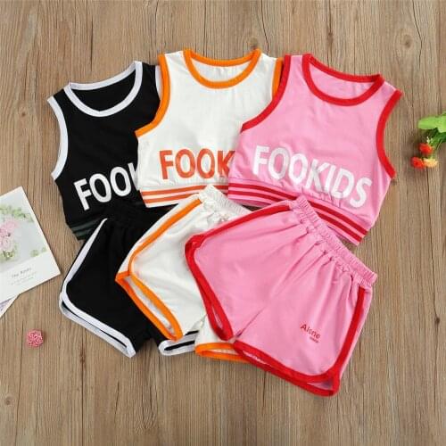 2021 4-14Y Sports Toddler Girls Clothes Tracksuit Letter Print Sleeveless Top+Striped Shorts Summer Breathable Loose 2pcs Set