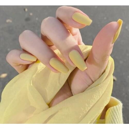 24Pcs/Box Full Cover Fake Press on Nails Matte Yellow Pure Acrylic Frosted Ballerina Acrylic for Nails for Women and Girls