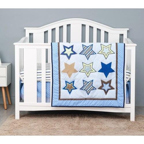 3pcs Newborns Bed Cushion Infant Cot Baby bedding set Cotton Room Decor Blue I Fitted Sheet, Crib Quilt, Dust Ruffle