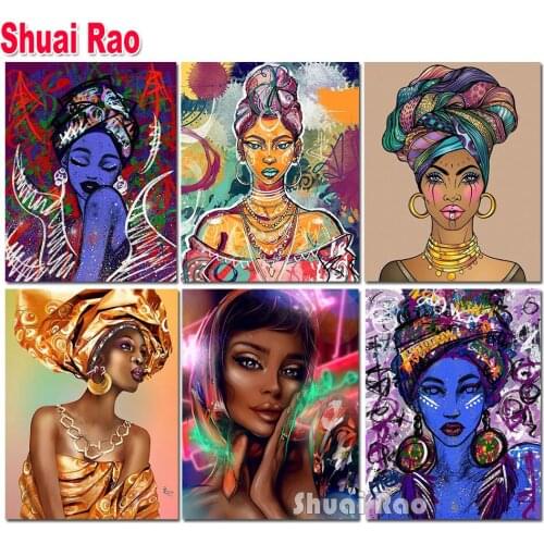 African Woman Diamond Painting Portrait For Full Square round Drill Mosaic Background 3D Stereo Wall Art Fantasy Lady